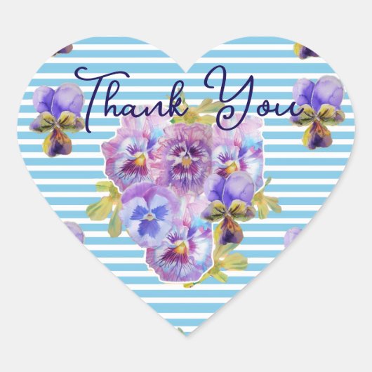 Purple Pansy Pansies Flower Pattern Thank You ハートシール (正面)
