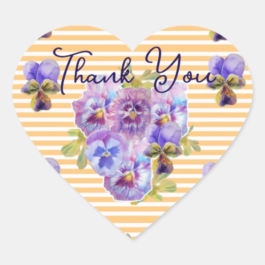 Purple Pansy Pansies Flower Pattern Thank You ハートシール (正面)