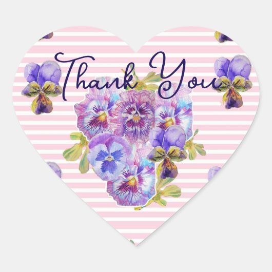 Purple Pansy Pansies Flower Pattern Thank You Pink ハートシール (正面)