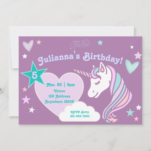 Purple Pastel Unicorn Stars and Hearts Birthday 招待状 (正面)