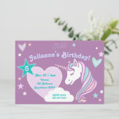 Purple Pastel Unicorn Stars and Hearts Birthday 招待状 (スタンド正面)