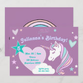 Purple Pastel Unicorn Stars and Hearts Birthday 招待状 (正面/裏面)
