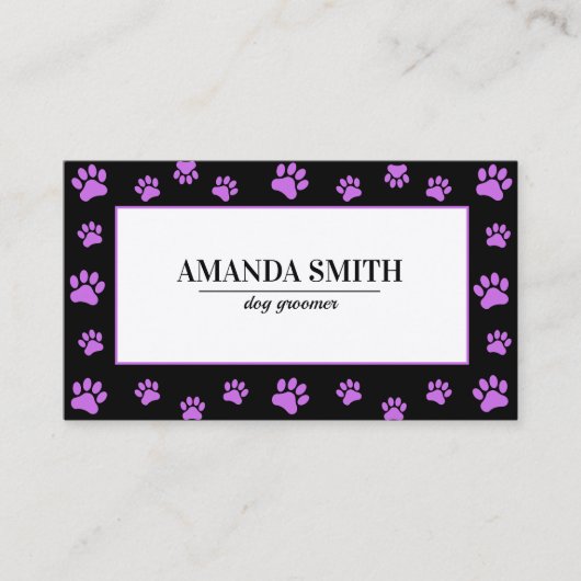 Purple Paw Prints Black Dog Groomer Business Card 名刺 (正面)