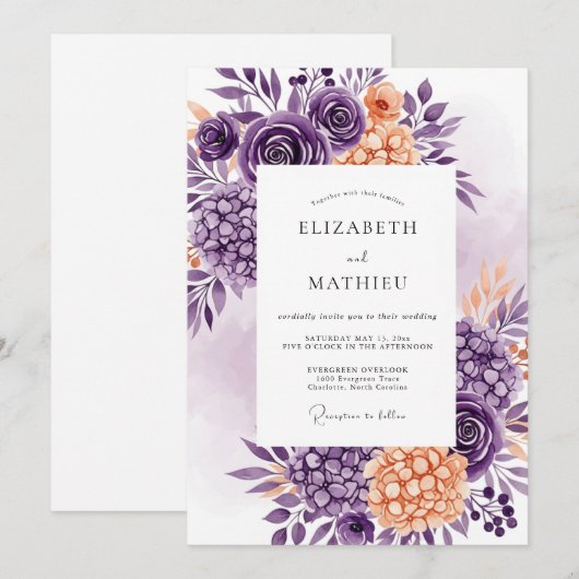 Purple Peach Delicate Spring Wedding 招待状 (正面/裏面)
