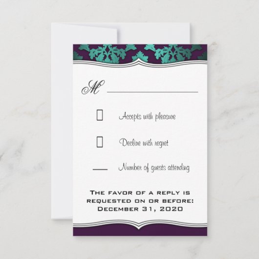 Purple Peacock & Damask Weding RSVPカード (裏面)
