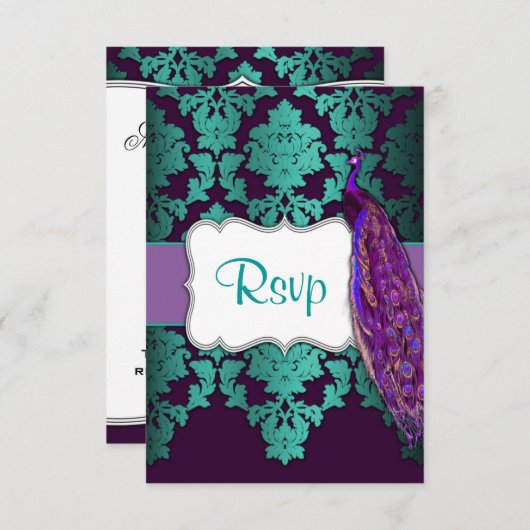 Purple Peacock & Damask Weding RSVPカード (正面/裏面)