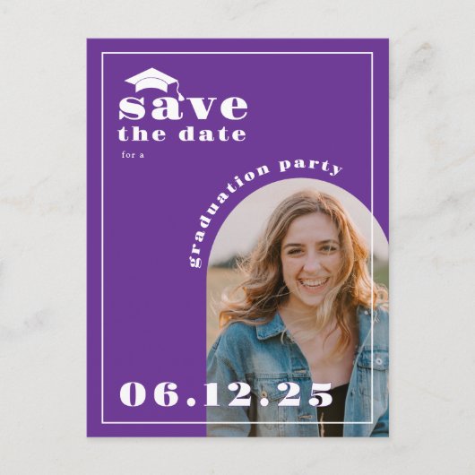Purple Photo Graduation Party日付の保存 ポストカード (正面)