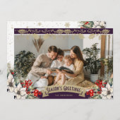 Purple Photo Holly Snowflakes Season's Greetings シーズンカード (正面/裏面)