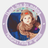 Purple Photo Kids Firstハッピーバースデーありがとう ラウンドシール (正面)