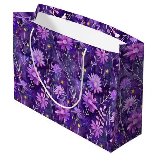 Purple Pink and Yellow Daisy Floral Pattern ラージペーパーバッグ (裏面アングル)