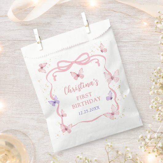 Purple Pink Bow Butterfly Birthday Party フェイバーバッグ (クリップ留めされた状態)