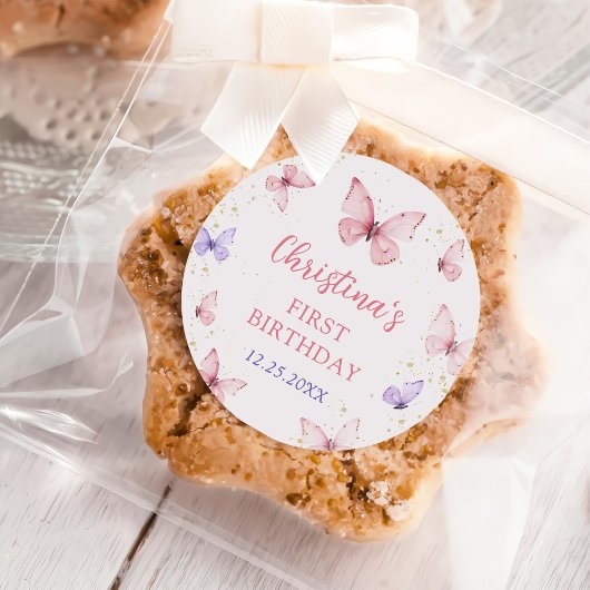 Purple Pink Bow Butterfly Birthday Party ラウンドシール