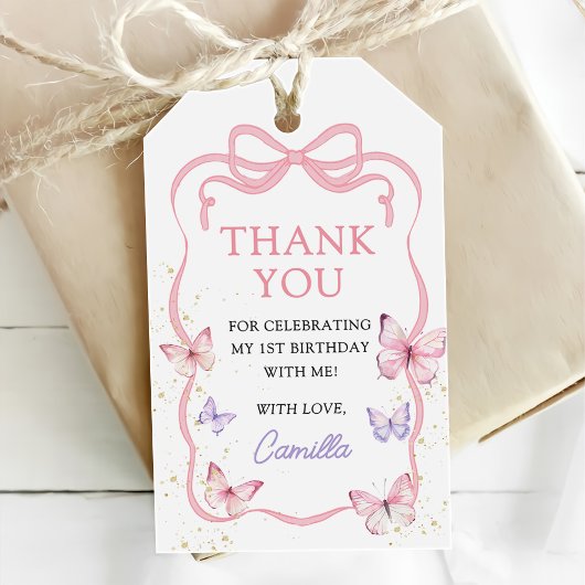 Purple Pink Bow Butterfly Girl Birthday Party ギフトタグ