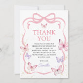 Purple Pink Bow Butterfly Girl Birthday Party サンキューカード (正面)