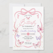 Purple Pink Bow Butterfly Girl Birthday Party 招待状 (正面)