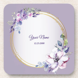 Purple Pink Floral Watercolor Golden Wedding コースター