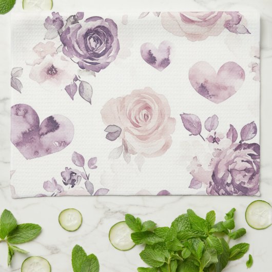 Purple Pink Flowers & Hearts   キッチンタオル (折り畳み)