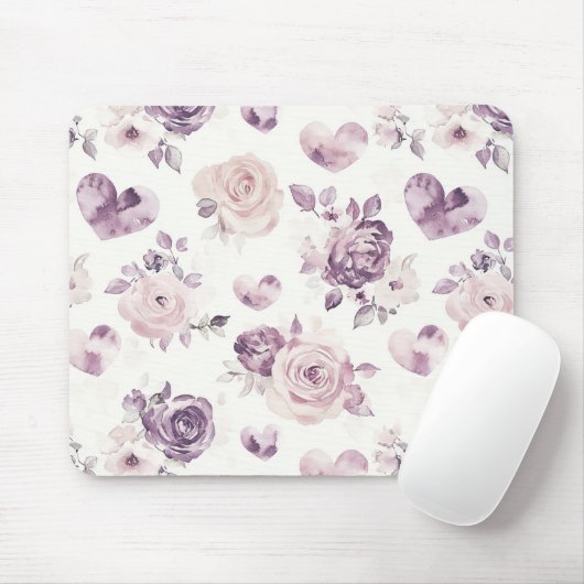 Purple Pink Flowers & Hearts マウスパッド (マウス)