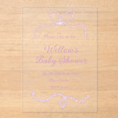 purple pink glitter bow baby shower name date eleg アクリル招待状 (正面)