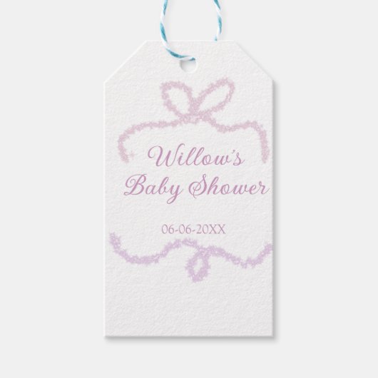 purple pink glitter bow baby shower name date eleg ギフトタグ (正面)
