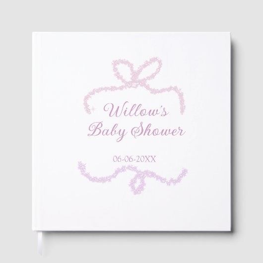 purple pink glitter bow baby shower name date eleg ゲストブック (正面)