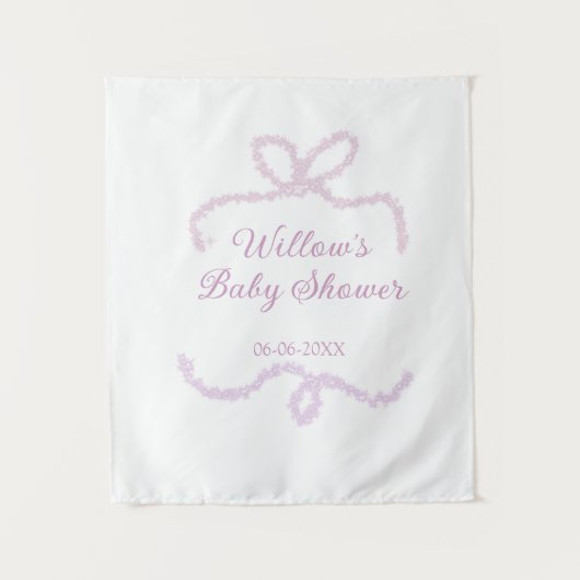 purple pink glitter bow baby shower name date eleg タペストリー (正面)