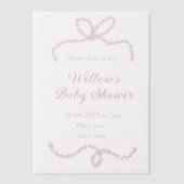 purple pink glitter bow baby shower name date eleg ベラム紙招待状 (正面)
