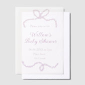purple pink glitter bow baby shower name date eleg ベラム紙招待状 (オフセット)