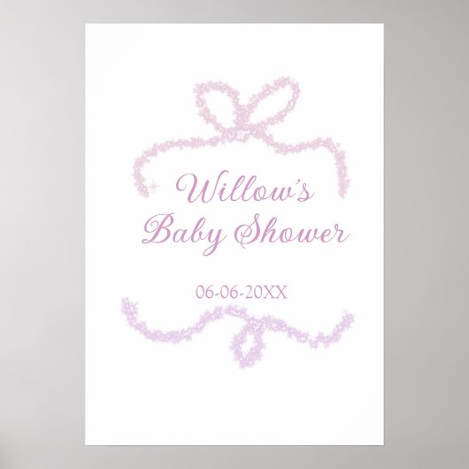 purple pink glitter bow baby shower name date eleg ポスター (正面)