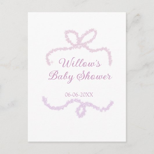 purple pink glitter bow baby shower name date eleg ポストカード (正面)