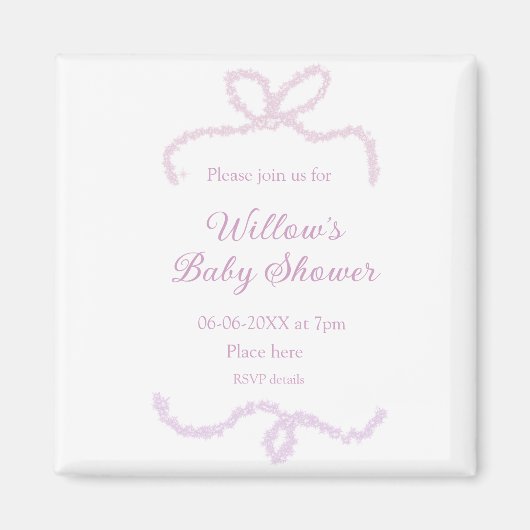purple pink glitter bow baby shower name date eleg マグネット (正面)