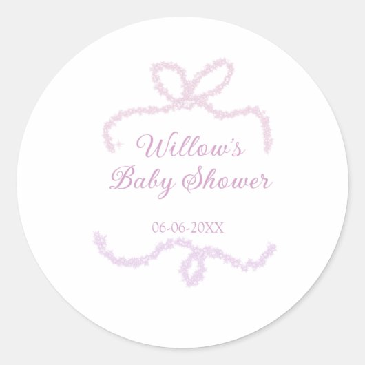 purple pink glitter bow baby shower name date eleg ラウンドシール (正面)