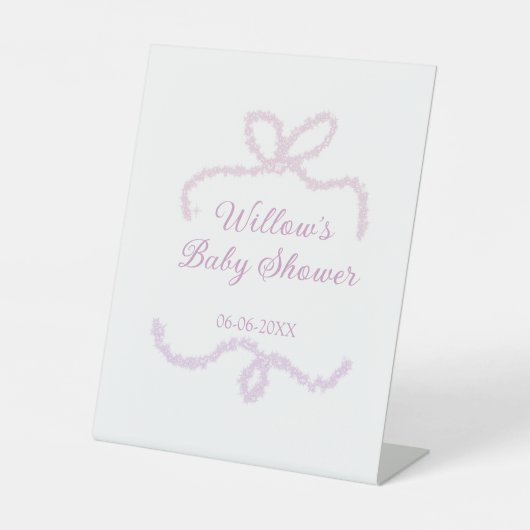 purple pink glitter bow baby shower name date eleg 台座サイン (正面)