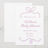 purple pink glitter bow baby shower name date eleg 招待状 (正面/裏面)