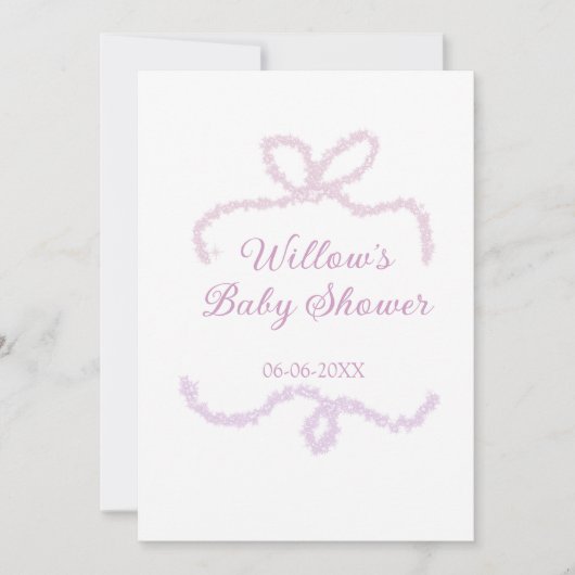 purple pink glitter bow baby shower name date eleg 招待状 (正面)