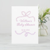 purple pink glitter bow baby shower name date eleg 招待状 (スタンド正面)