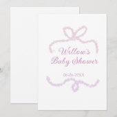 purple pink glitter bow baby shower name date eleg 招待状 (正面/裏面)