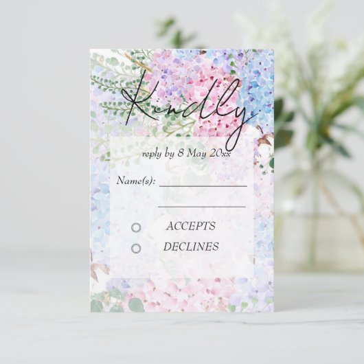 purple pink hydrangea paintings Wedding RSVP Card 招待状 (スタンド正面)