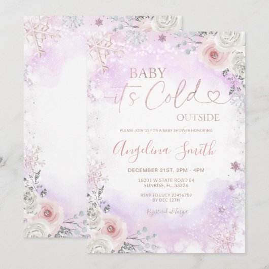 Purple Pink It’s Cold Outside Winter Baby Shower 招待状 (正面/裏面)