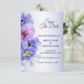 Purple Pink Lilac Pansy Floral Rustic Wedding セーブザデート (スタンド正面)