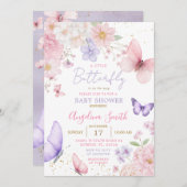 Purple & Pink Little Butterfly Floral Baby Shower 招待状 (正面/裏面)
