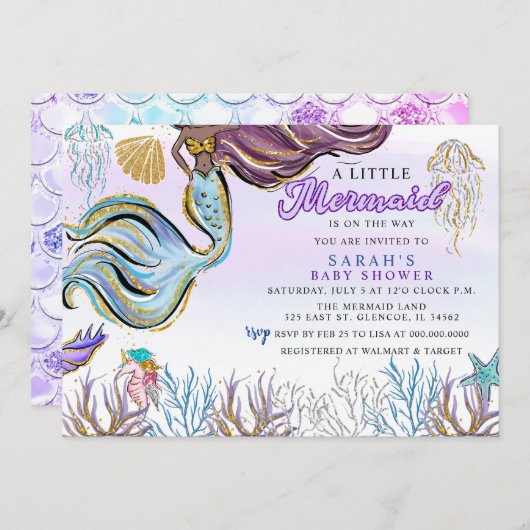 Purple Pink Modern Glitter Mermaid Baby Shower 招待状 (正面/裏面)