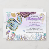 Purple Pink Modern Glitter Mermaid Baby Shower 招待状 (正面)