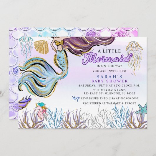 Purple Pink Modern Glitter Mermaid Baby Shower 招待状 (正面/裏面)