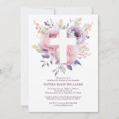 Purple Pink Rose & White Cross Girl Baptism  招待状 (正面)