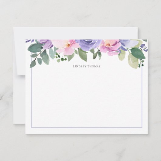 Purple Pink Watercolor Floral Personalized ノートカード (正面)