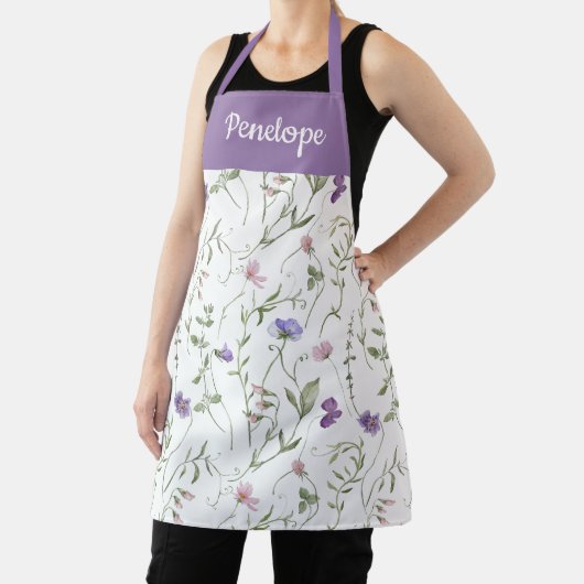 Purple Pink Watercolor Wildflower Custom Name エプロン (インサイチュ)