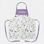 Purple Pink Watercolor Wildflower Custom Name エプロン (正面)