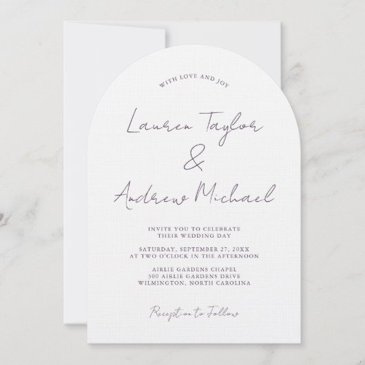 Purple Plum Romantic Modern Arch Wedding 招待状 (正面)