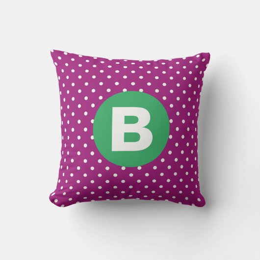 Purple Polka Dot Pattern Green Monogram クッション (正面)